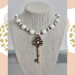 Gold & White Iridescent Beaded Choker Necklace w/ Gold Key Pendant